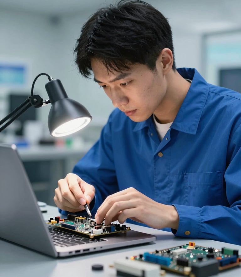 A professional technician wearing a clean blue uniform, carefully inspecting a laptop motherboard under a bright, focused light. The scene conveys expertise and precision. The background is a modern, high-tech service center with hints of #6FA1BF and #F7FAFC colors. The overall mood is reassuring and expert-driven.