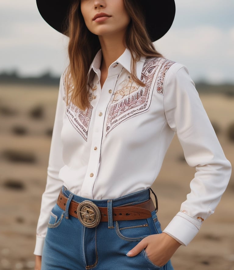 A stylish man wearing a crisp, clean western shirt standing against a rustic wooden fence under a clear blue sky.
