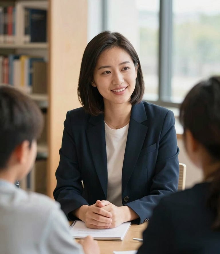 A warm, natural-light portrait of an educational advisor talking with a student in a modern library, soft depth of field, 35mm