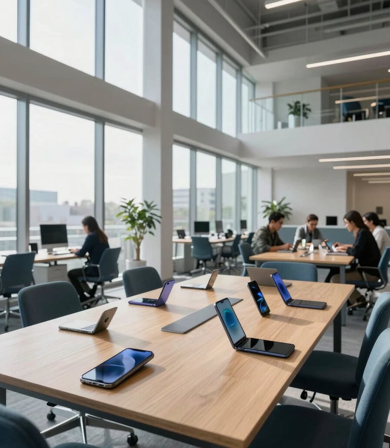 A professional wide-angle shot of a modern, open-concept North American office space with large windows and high ceilings. The scene features a sleek collaborative area with a clean blue and light gray color palette, where high-end mobile devices are laid out on a minimalist wooden table, bathed in bright, natural morning light.