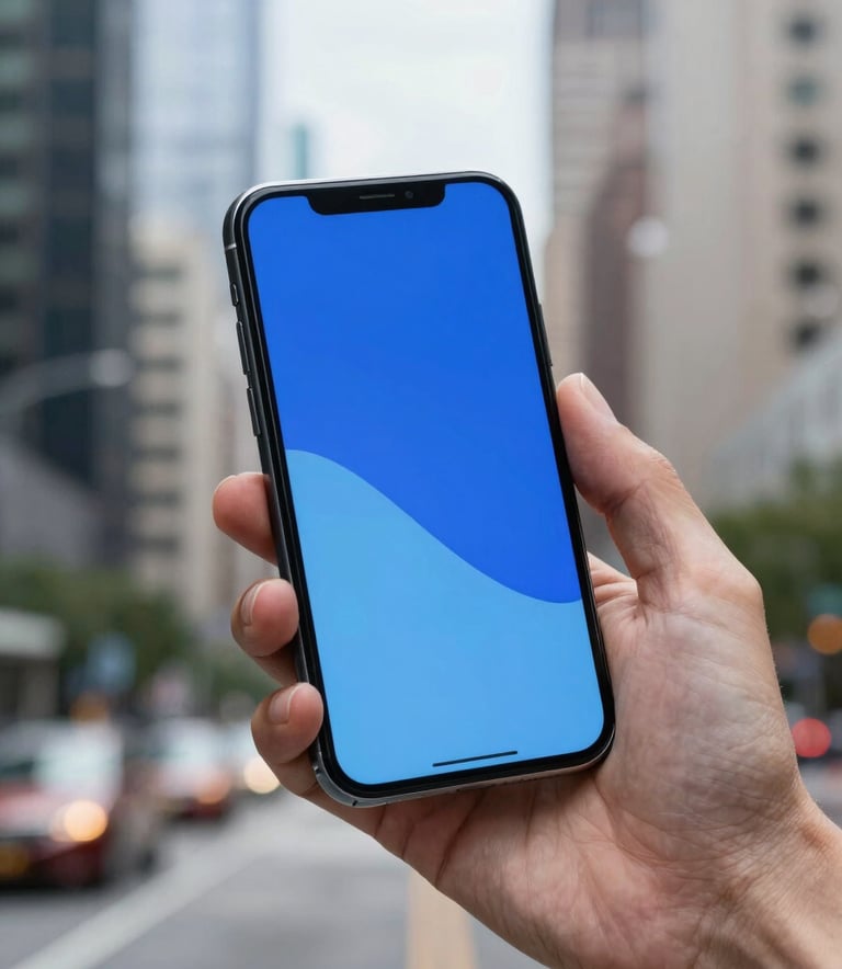 A close-up photograph of a professional's hand holding a high-end smartphone in a North American tech hub. The screen displays a sophisticated mobile interface with royal blue and light blue accents. The background is a soft-focus bokeh of a vibrant city business district during the day.