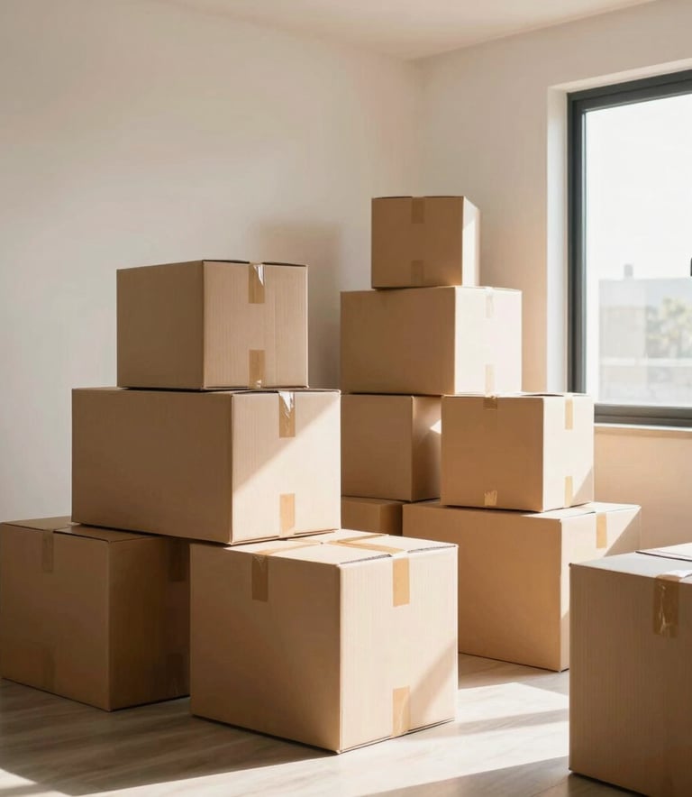 Photography of a modern and bright apartment interior in New Delhi, featuring neatly stacked high-quality cardboard boxes ready for a move, warm sunlight through a window, professional and clean atmosphere.