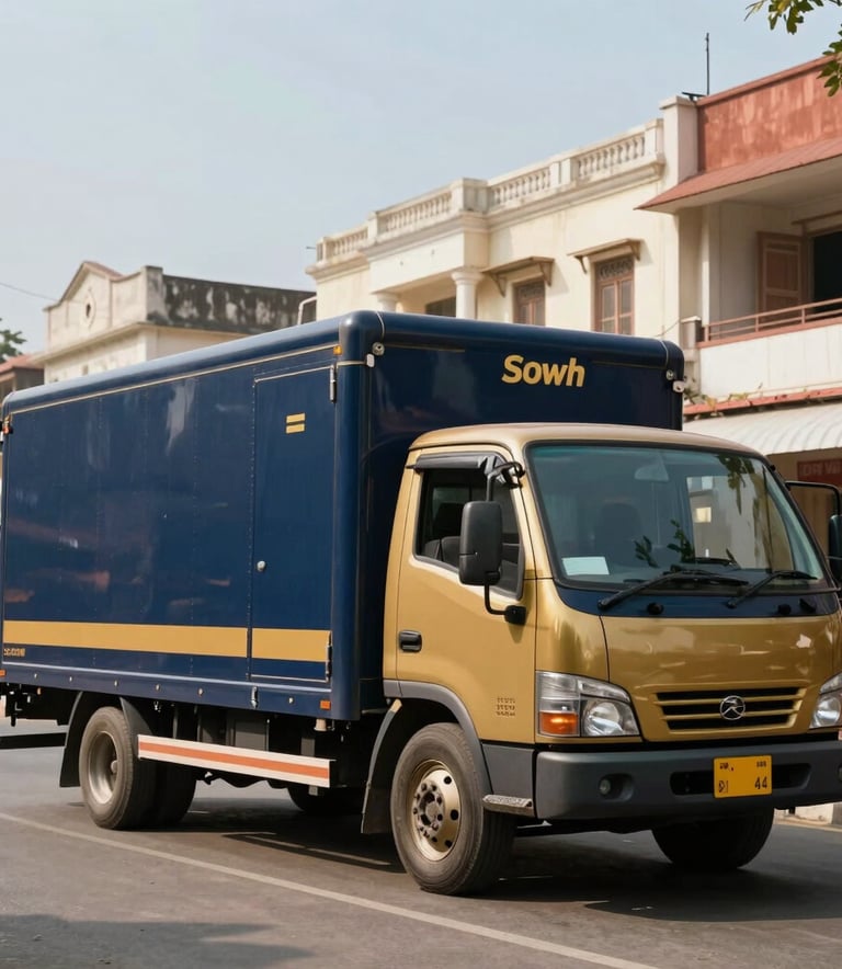 A wide shot of a clean, professional moving truck with dark blue and gold accents parked on a street in New Delhi. In the background, South Asian architecture is visible under a clear sky. The scene conveys reliability and efficiency.