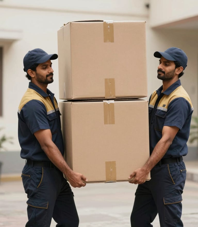 A medium shot of two professional movers in dark blue and gold uniforms carrying a large cardboard box with coordinated effort in a clean urban setting in India. The composition is clean and projects efficiency and reliability.