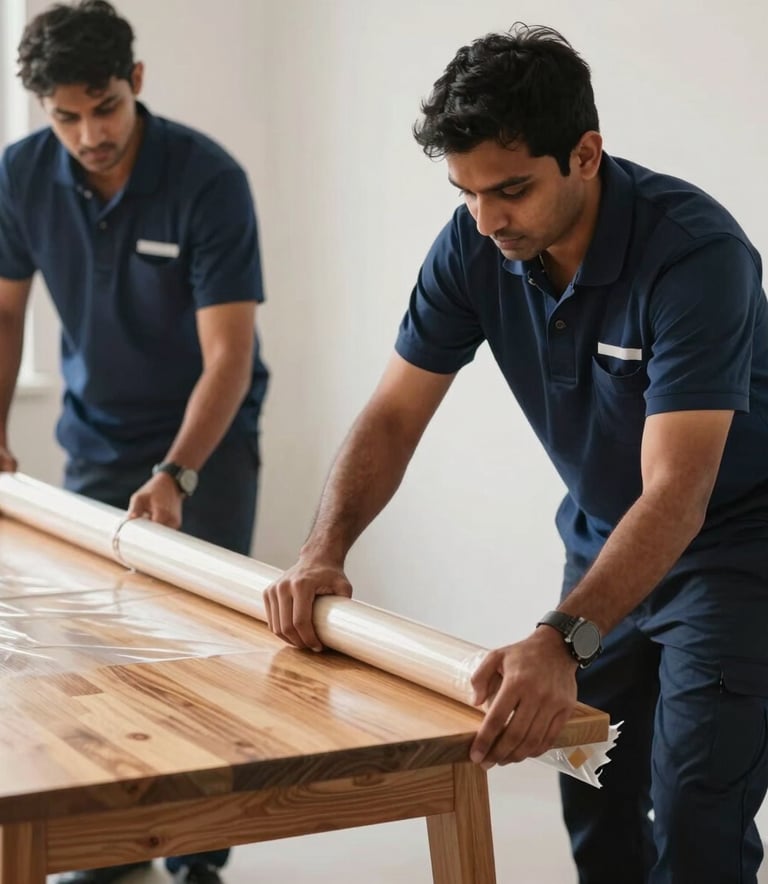 Photography of South Asian / Indian professional movers in dark blue uniforms carefully wrapping a wooden table with protective film, focused and efficient work, bright indoor lighting.