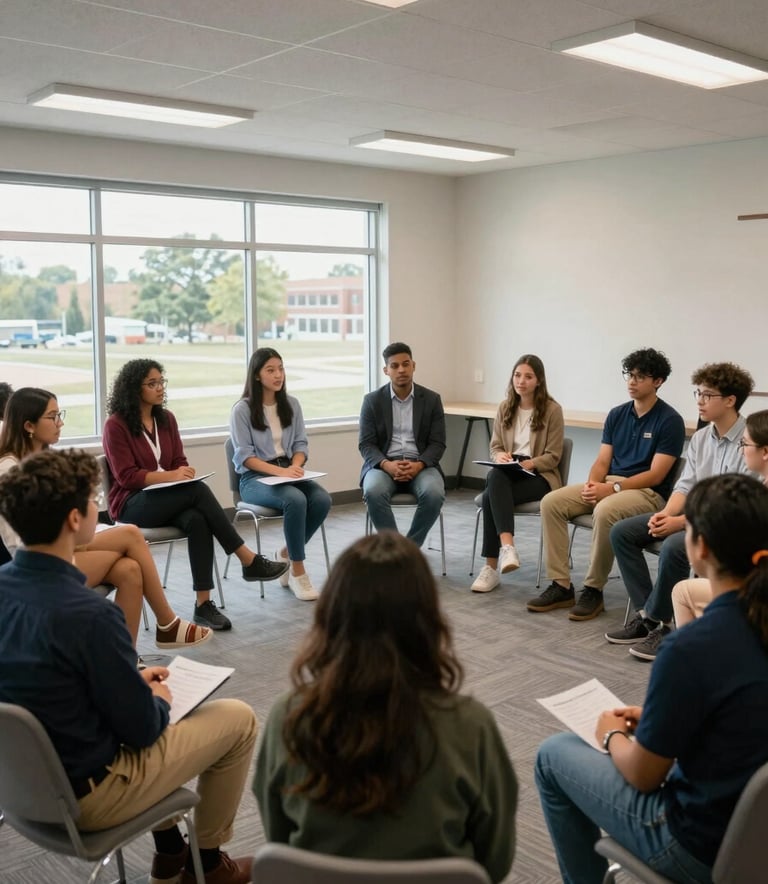 A wide shot of a community leadership workshop in Columbus, Ohio. Young individuals are participating in a group discussion in a contemporary community center with large windows, wearing professional yet approachable attire.