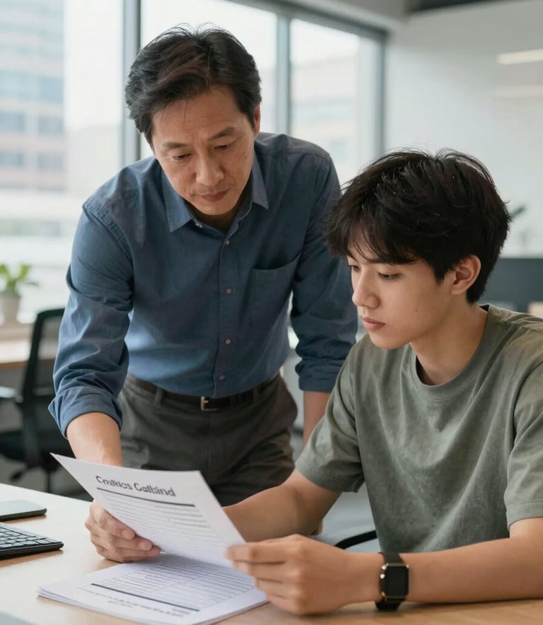 A professional portrait of a mentor and a young person discussing a goal-setting worksheet in a bright, modern office space in a North American / US city. The atmosphere is supportive and encouraging.