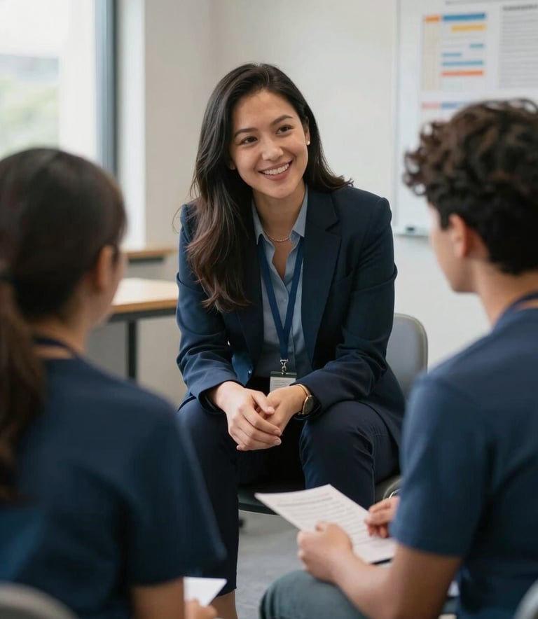 A professional mentorship session in a bright community center in the North American / US, showing a supportive advisor talking to a motivated young person, professional and approachable atmosphere, deep blue and slate blue tones.