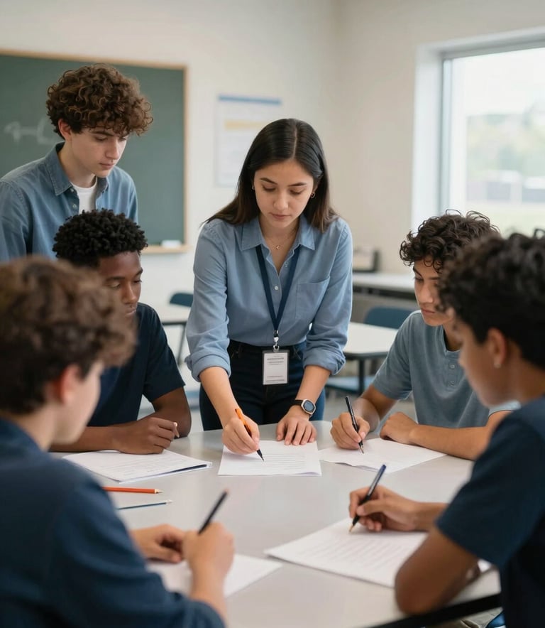 A diverse group of North American / US teenagers in a modern classroom in Columbus, Ohio, engaged in a collaborative project with a mentor, soft natural lighting, slate blue and navy blue clothing accents.