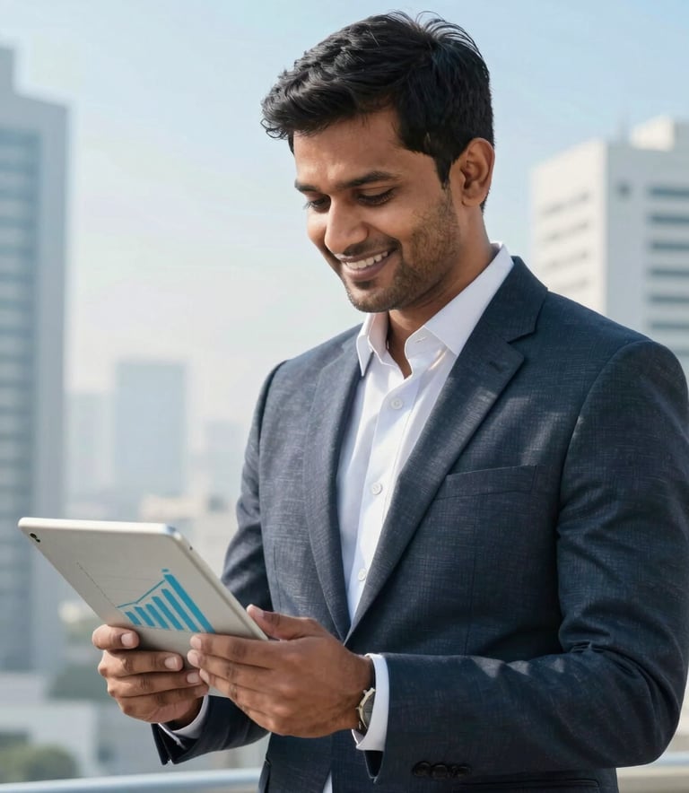A successful entrepreneur in a bright South Asian / Indian business hub, smiling at a tablet showing high growth indicators, professional attire, soft misty white and bright sky blue lighting, clean and professional photography style.