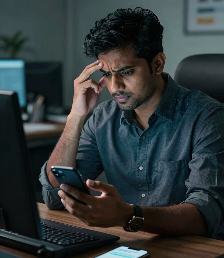 A professional in a South Asian / Indian office looking stressed while handling multiple phones, depicting the chaos of missed inquiries, moody lighting with Deep Teal shadows.