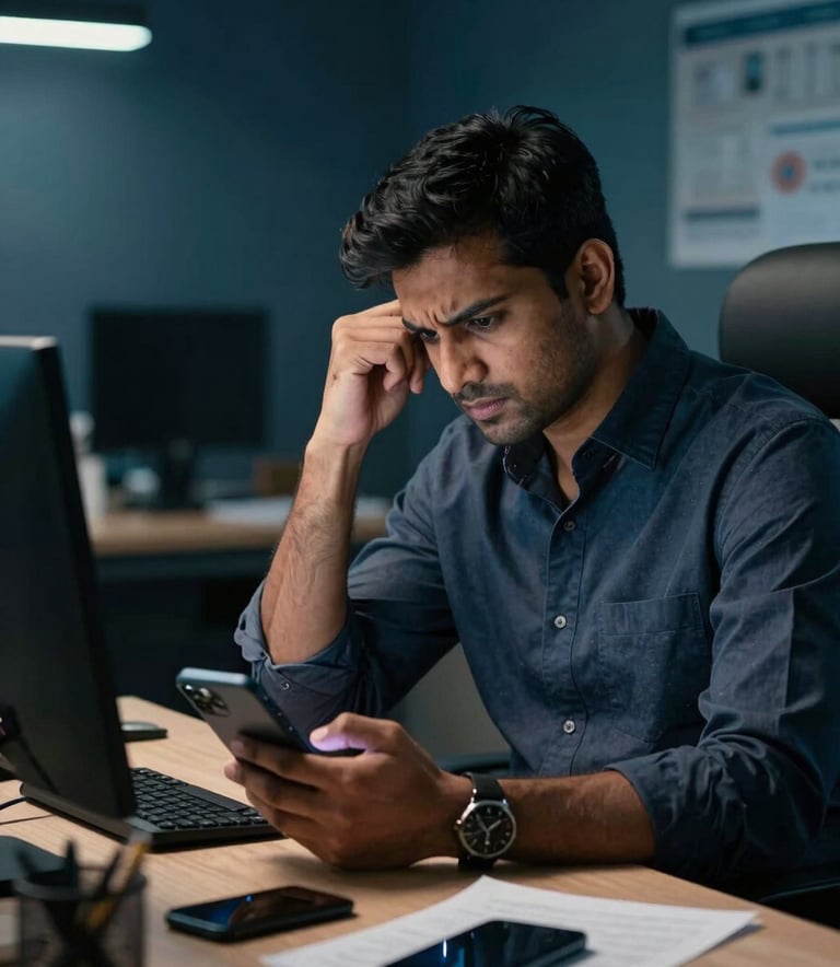 A professional in a modern South Asian / Indian office setting, looking frustrated while checking multiple smartphones on a cluttered desk, atmospheric lighting with dark navy blue and deep ocean teal shadows.