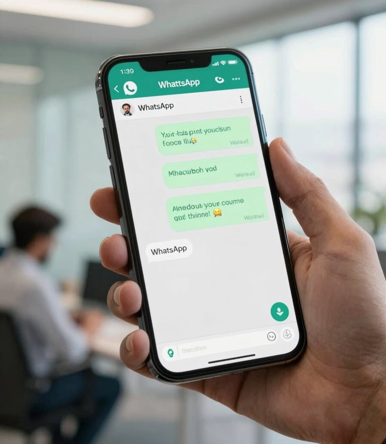 A close-up shot of a smartphone in a hand showing a professional WhatsApp conversation interface with human-like automated responses, in a modern South Asian / Indian office setting with Deep Teal and Light Mist accents, soft daylight.