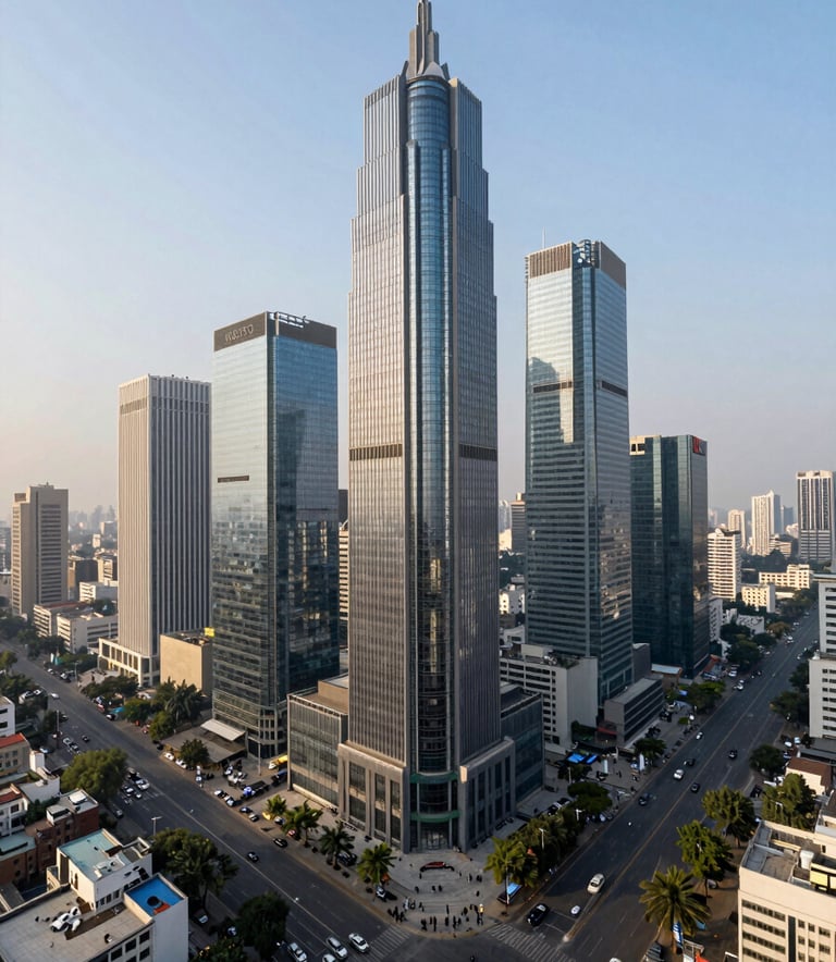 A high-angle daytime photograph of the Gurgaon Cyber City skyline with modern glass skyscrapers and wide boulevards, emphasizing a thriving South Asian urban business hub under a clear sky.