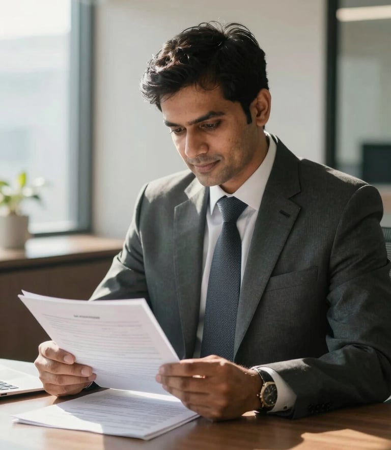 A professional South Asian man in a sharp business suit sitting in a modern, sunlit office in Gurgaon, reviewing real estate documents with a calm and confident expression.