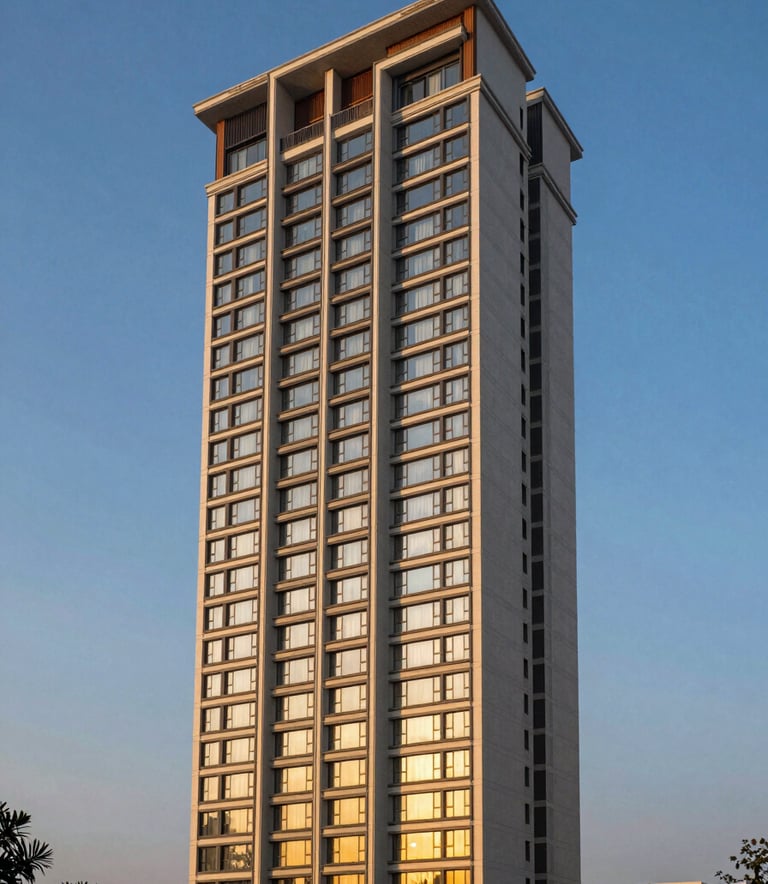A professional architectural photograph of a premium residential high-rise in Gurgaon during the golden hour. The building features modern South Asian / Indian design. The sky is a deep steel blue, and the windows glow with warm off-white and gold lights, emphasizing luxury and sophisticated real estate.