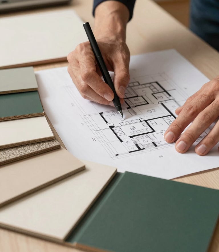 A close-up of a designer’s hands in a North American / US studio reviewing floor plans next to material samples in warm cream and muted forest green. The mood is sophisticated and professional, highlighting personalized care.