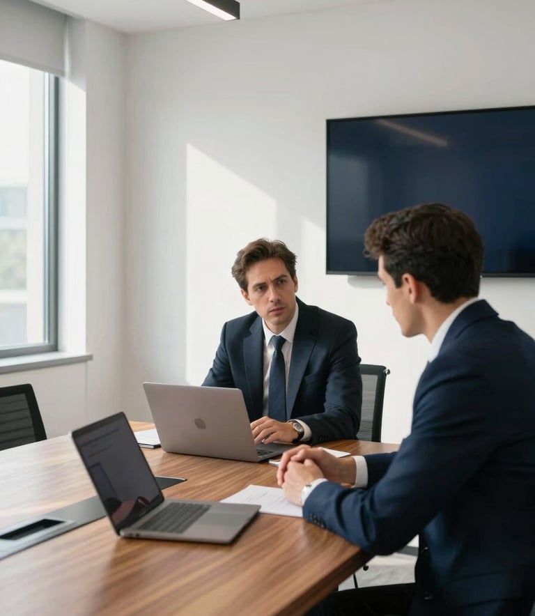 A professional, medium shot of two business executives in a modern North American boardroom, discussing work over a sleek wooden table with minimal laptops. Soft sunlight pours through large windows, highlighting a clean, white-walled interior with subtle deep navy accents.
