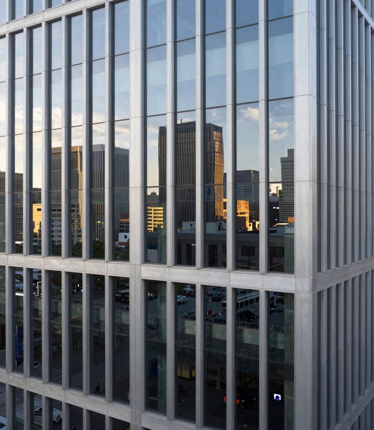 A high-angle architectural photograph of a modern corporate building facade with clean glass lines reflecting a North American city skyline, minimalist composition, bright daylight.