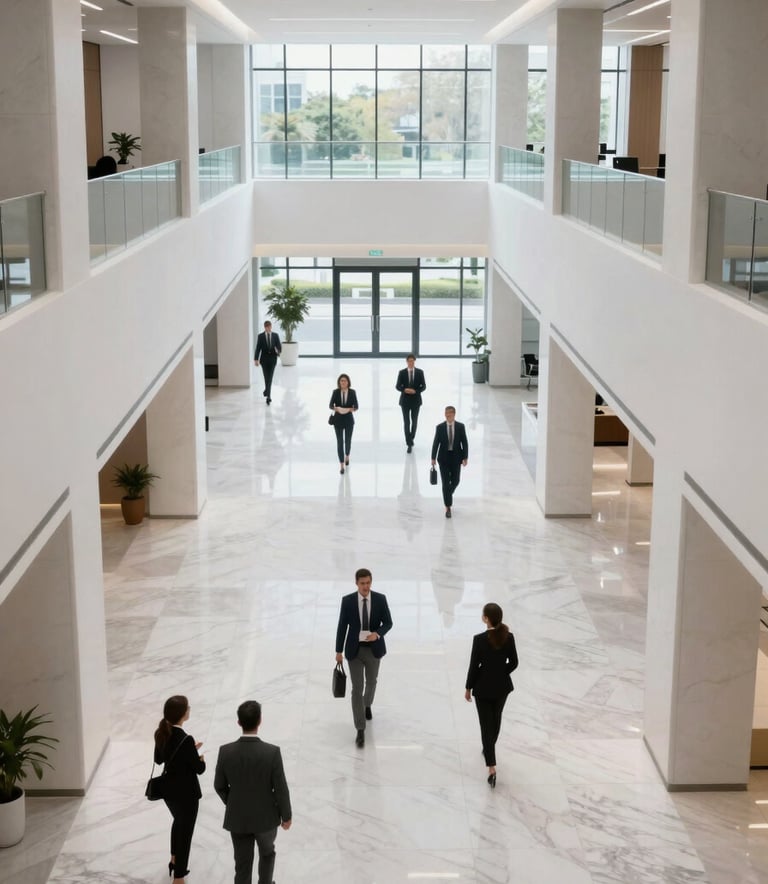 A high-angle, wide-angle shot of a minimalist, modern enterprise office lobby in North American. The space features white marble floors, sharp architectural lines, and large glass windows with soft, natural lighting. Professional people in business attire are seen in the distance, creating a sense of scale and corporate authority.