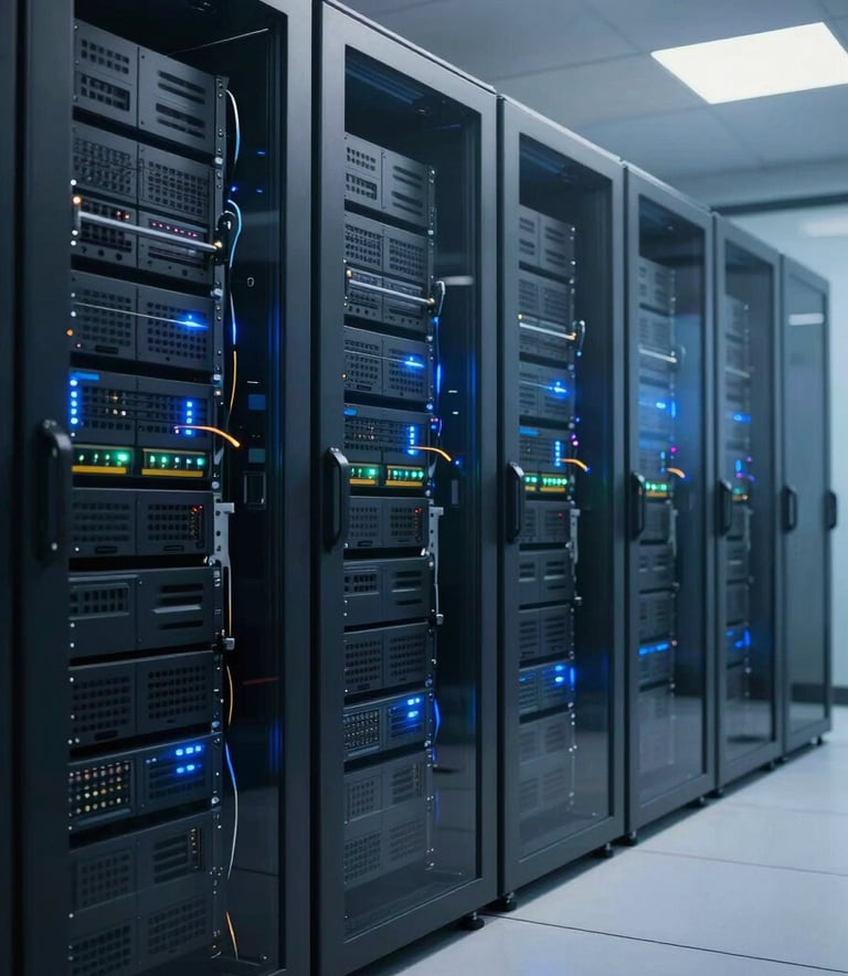 A wide shot of a modern, organized server room with soft blue lighting and glass panels, representing enterprise data infrastructure, North American corporate style.