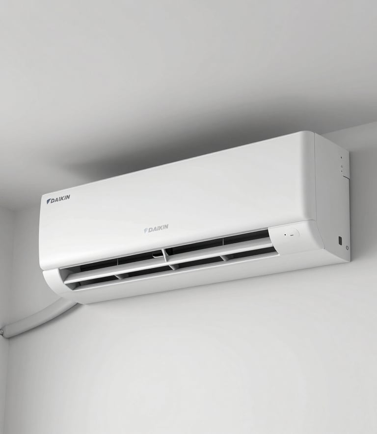 A close-up photograph of a high-end, sleek white indoor air conditioning unit from a premium brand like Daikin or Mitsubishi, mounted on a minimalist white wall in a bright Southern European luxury villa.