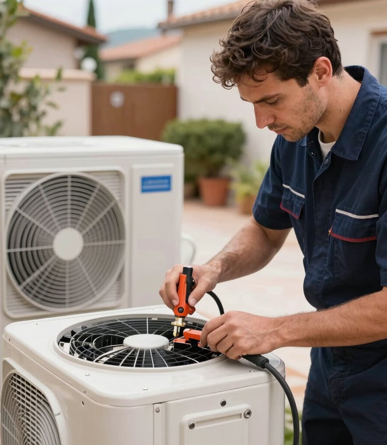 A professional technician working on an outdoor HVAC unit with specialized tools, wearing a navy uniform, in a bright Southern European residential setting, emphasizing technical reliability.