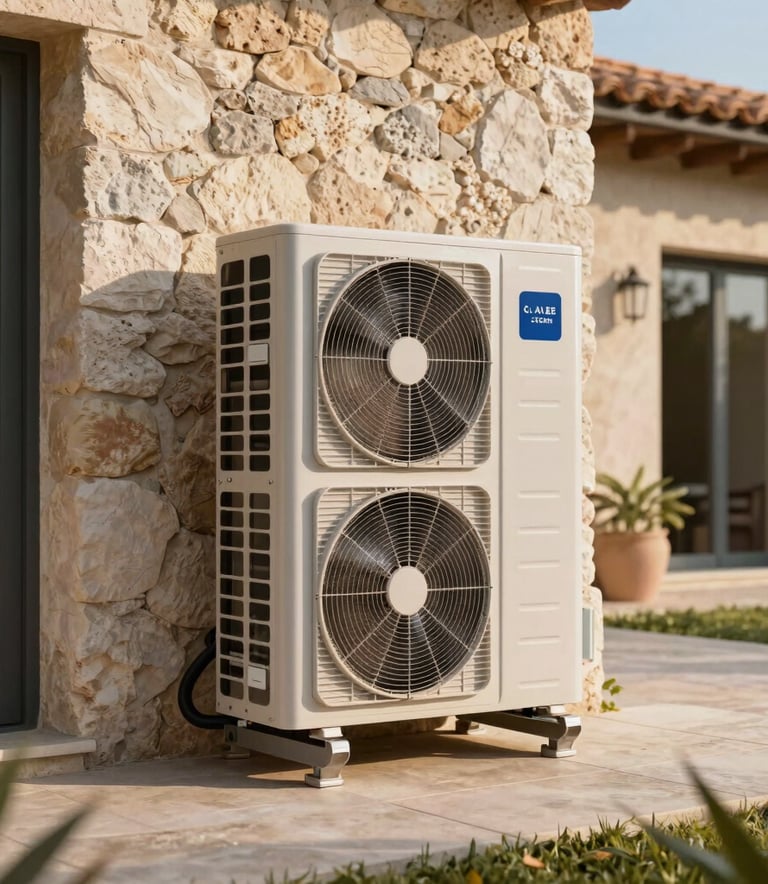 A sleek, modern outdoor heat pump unit installed against the stone wall of a luxury villa in the Southern European French Riviera, warm afternoon sun, professional high-end photography style.