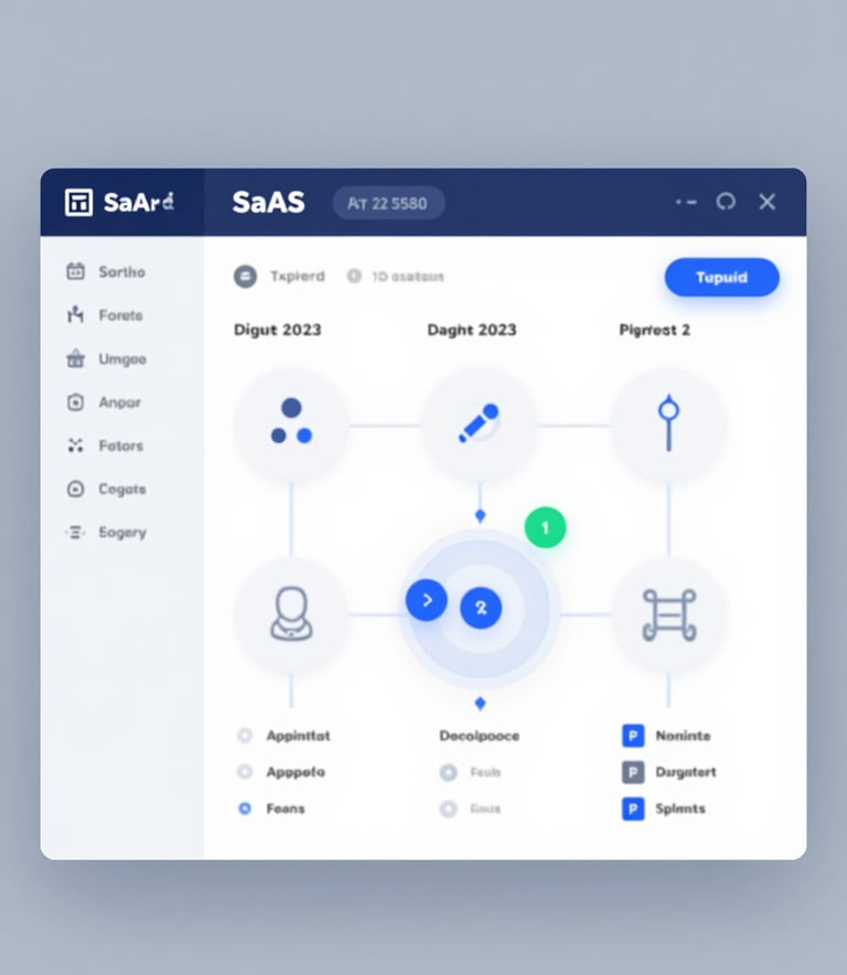 SaaS dashboard interface mockup showing clear data visualizations and process maps. Modern UI design, enterprise-grade, incorporating #2C528B and light grey tones. No currency symbols.