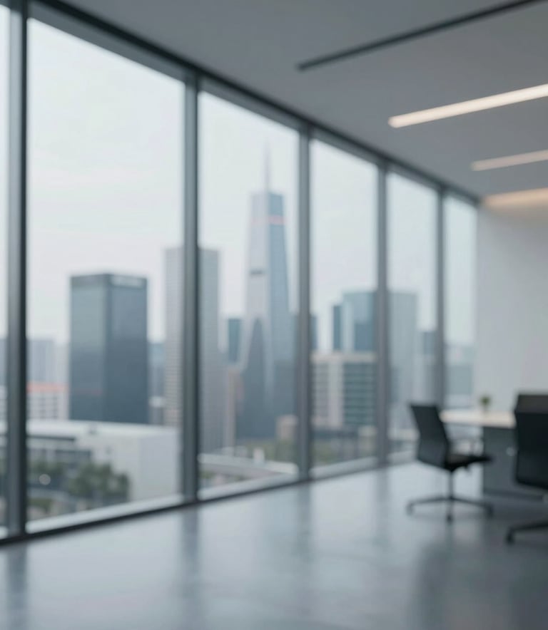 A minimalist, modern corporate office interior with glass walls and clean lines, overlooking a futuristic urban skyline. Lighting is soft and professional, incorporating shades of #0F1C2E and #F5F8FA.