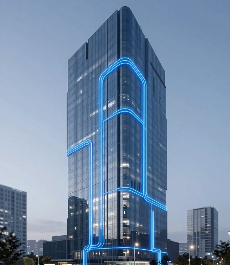 A minimalist, high-tech architectural concept of an office building with glowing blue data lines representing process flows. Minimalist lighting, palette using #2C528B and #A7B9CC, professional B2B atmosphere.