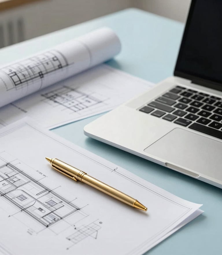 A clean workspace in a Central European office featuring a high-end laptop, architectural blueprints, and a sleek gold-colored pen on a desk, light blue and off-white color palette, modern and trustworthy atmosphere.