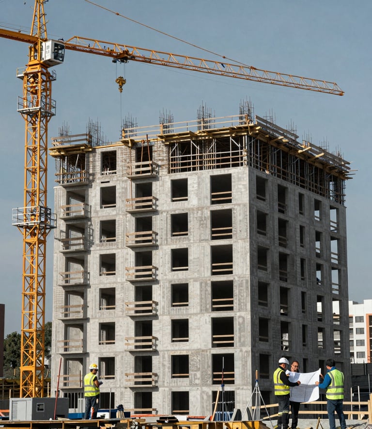 A Central European / Slovak construction site in a city with a crane and workers in safety vests reviewing blueprints, modern apartment building under construction, muted blue sky, professional photography.