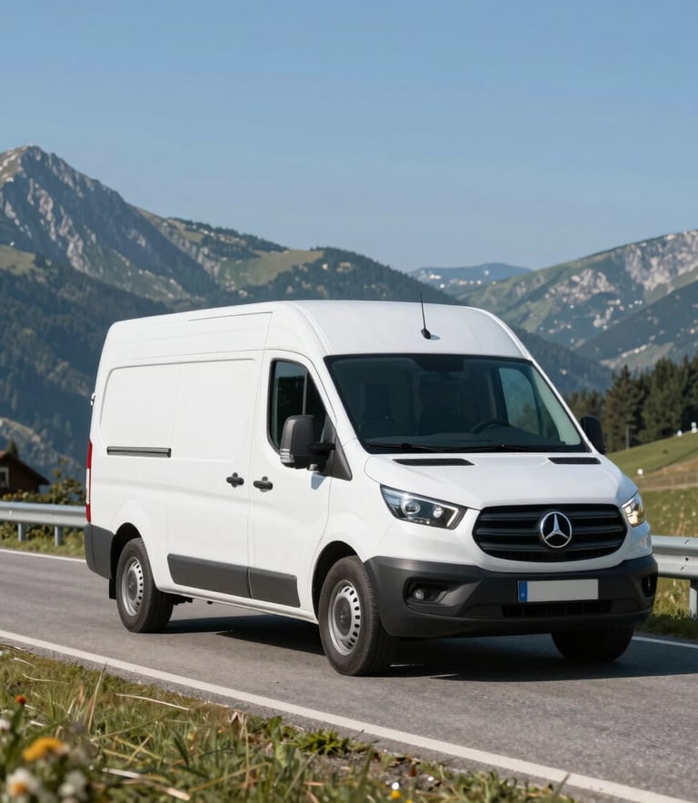 A clean white delivery van driving through a scenic Central European / Slovak mountain road, daytime, clear sky, professional commercial photography style with steel blue tones.