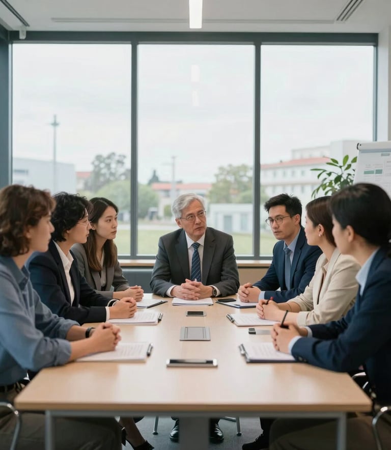 Central European / Slovak professional meeting room with a large glass window, a group of business professionals in smart casual attire discussing strategy, steel blue and off-white office interior, natural daylight.