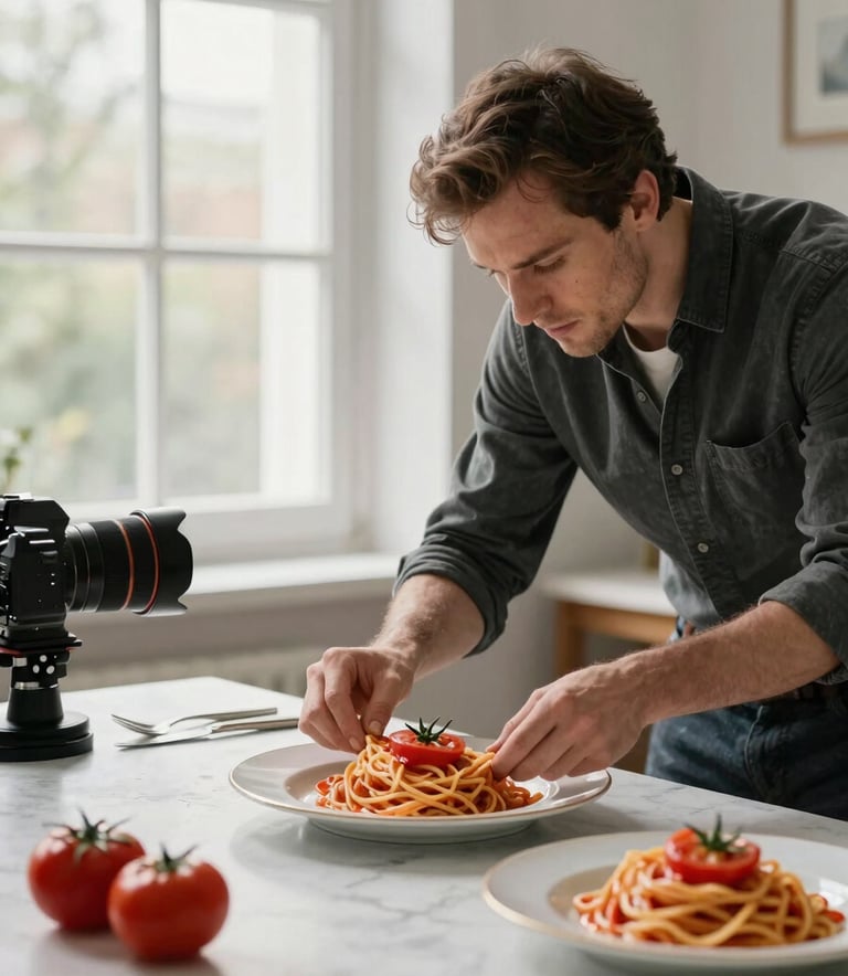 A professional photographer in a North American / European studio carefully arranging a artisanal plate of pasta with fresh tomatoes for a social media shoot, natural soft window lighting, sophisticated and clean composition.