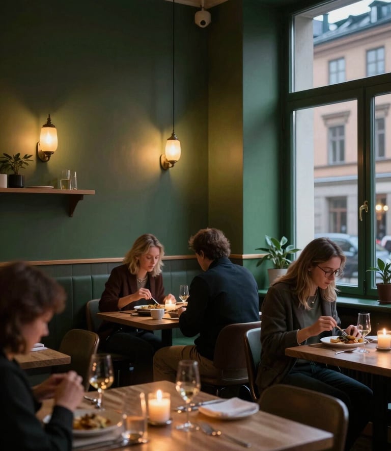 A cozy, Scandinavian-style restaurant interior in a European city at dusk, with warm candle lighting, Matte Forest Green accents on the walls, and local patrons enjoying a meal.