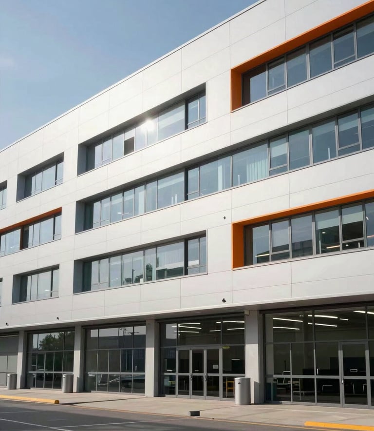 A modern European / Spanish logistics hub during the day, featuring a clean white and silver grey architecture with subtle orange accents on the building's facade, reflecting a high-efficiency professional environment.