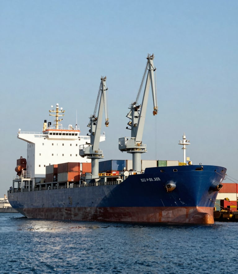 A massive cargo ship docked at a modern European / Spanish industrial port during a clear day. The cranes are medium light grey and the sea is deep blue, reflecting a high-efficiency logistics environment.