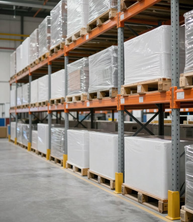 Interior of a state-of-the-art logistics warehouse in a European / Spanish setting, with organized white shelving and a medium light grey floor. Soft orange lighting highlights the modern equipment.
