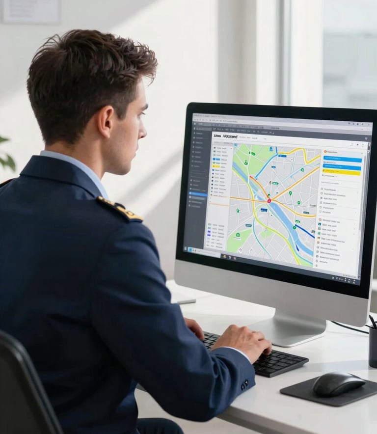 A professional customs agent in a modern European / Spanish office setting, dressed in a dark slate blue suit, reviewing digital logistics maps on a sleek silver grey computer screen in a bright, sunlit room.