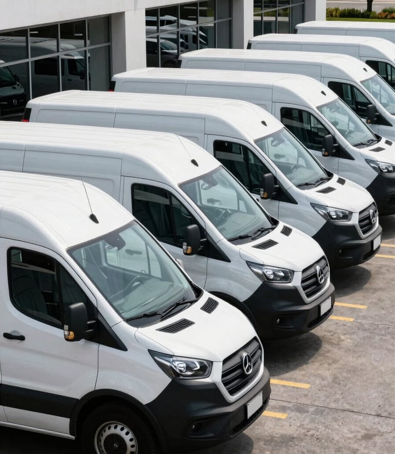A professional fleet of white delivery vans parked in a neat row in a modern North American / US business park during daylight. Clean composition, sharp focus, reflecting efficiency and professional management.