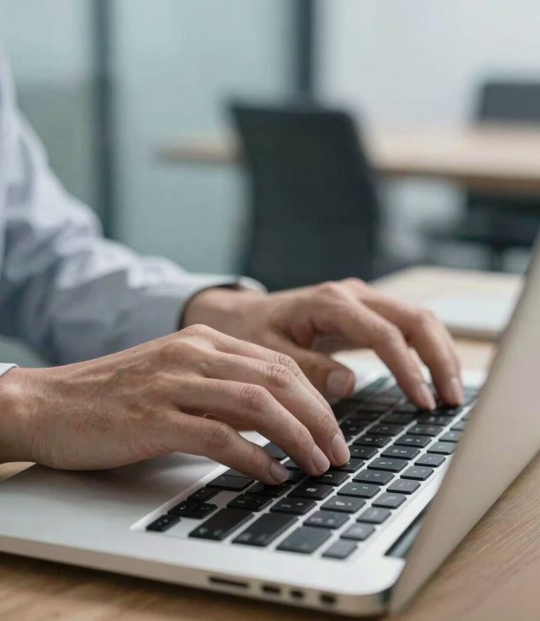 A close-up photograph of professional hands typing on a modern, high-end laptop keyboard in a bright, secure North American office environment. The lighting is clean and soft, emphasizing a high-tech and trustworthy atmosphere with muted blue tones in the background.