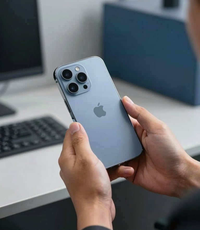 Close-up of a person's hands in a professional North American / US office setting, securely holding a high-end smartphone. Background is a clean, modern workspace with steel blue and grey accents, suggesting high-tech security.