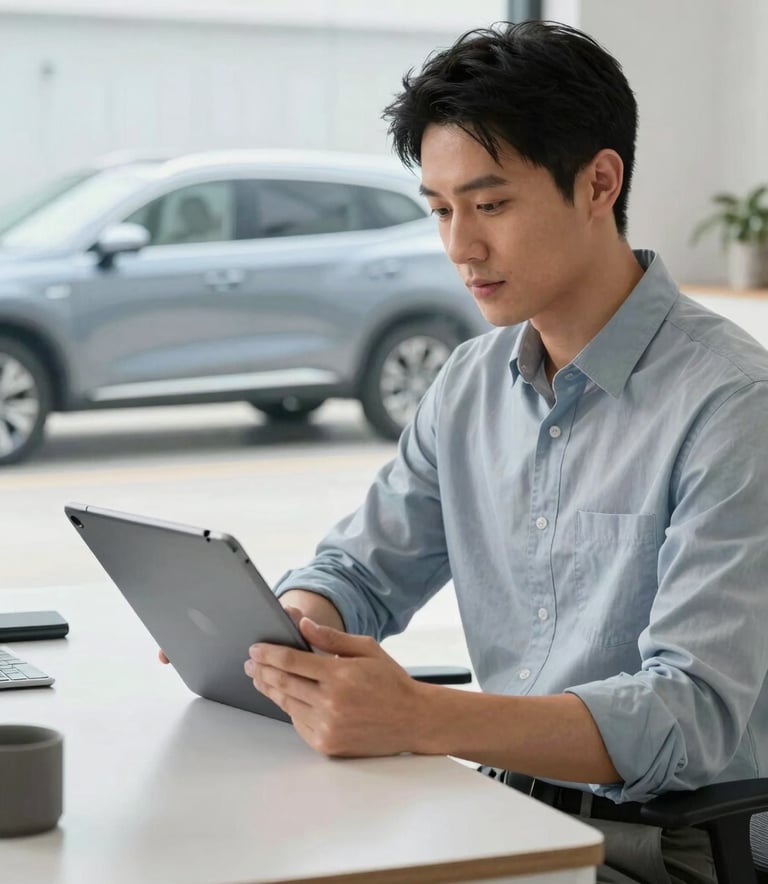 A lifestyle photograph of a professional-looking person in a bright North American home office, comfortably holding a tablet. A modern SUV is visible through a clean window in the background, suggesting convenience and mobility. The color palette includes light grayish blue and muted blue tones.