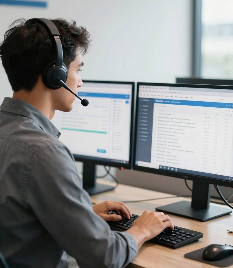A South American / Brazilian professional working in a bright, modern office with soft natural light, wearing a high-quality headset and focused on a dual-monitor setup showing property management tools, clean background with subtle blue accents.