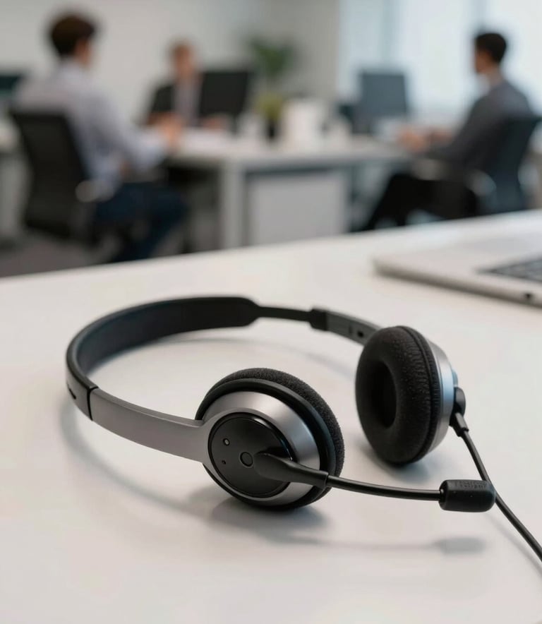 Close-up of a professional communication headset on a minimalist desk in a corporate South American / Brazilian office, with soft out-of-focus background of a collaborative workspace.