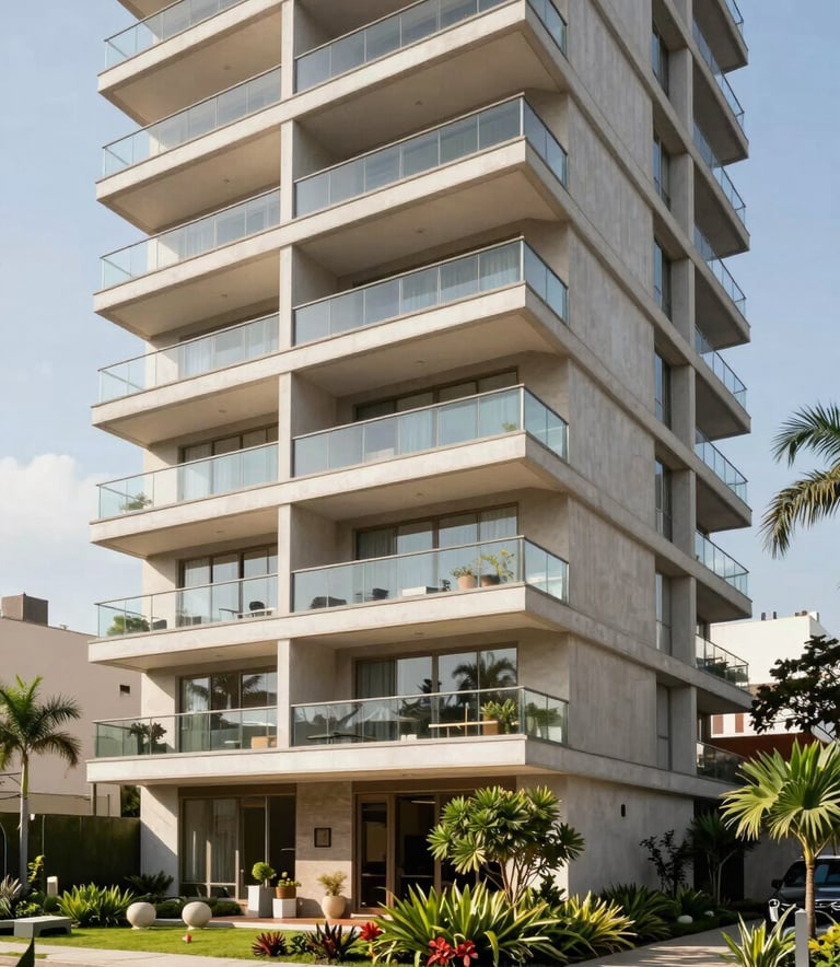 Exterior view of a modern South American Brazilian luxury apartment building with glass balconies and well-maintained landscaping, bright daylight, emphasizing high-end residential living.