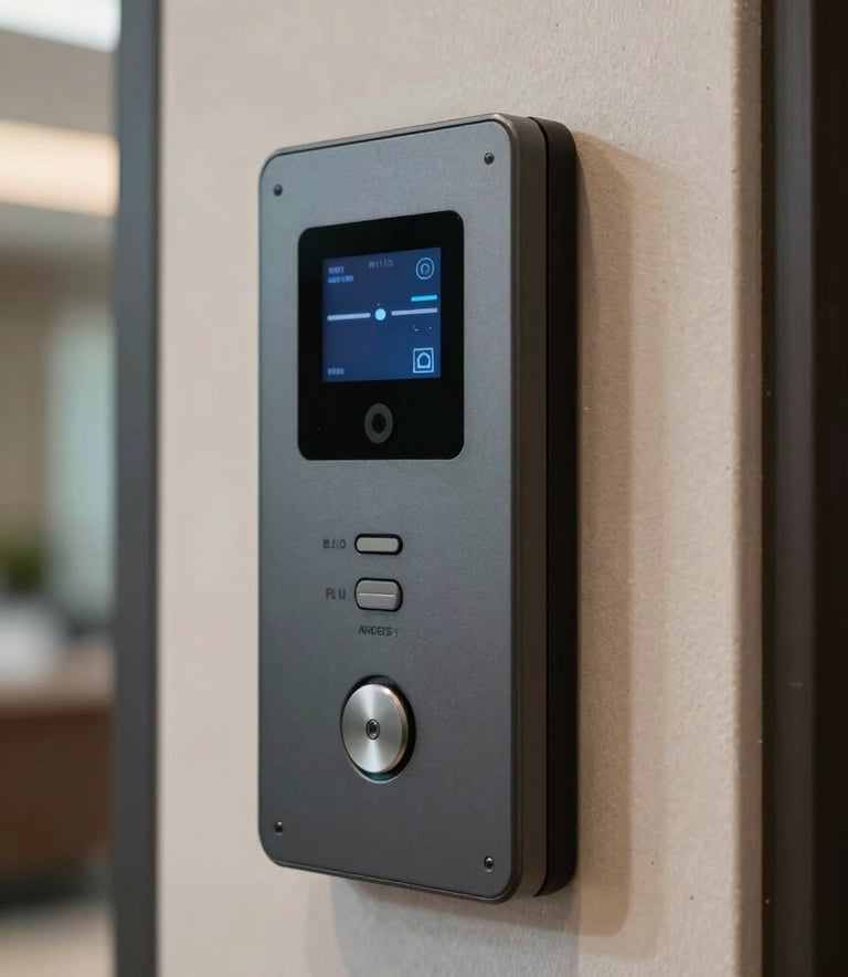 A detailed shot of a modern digital access control panel and intercom at the entrance of a contemporary South American office or residential lobby, professional and sleek aesthetic.