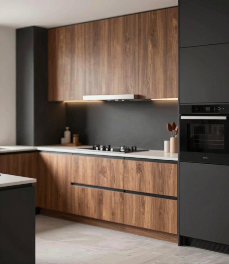 A high-end kitchen refacing showcase showing a sophisticated transformation. The cabinetry features a mix of dark matte finishes (#262626) and warm wood textures (#A38B7C). Professional lighting highlights the smooth surfaces and meticulous alignment of the new cabinet doors. Modern elegance mood.